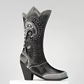 Black Leather Cowboy Boots With High Shaft Stars Spiral Design And Pearl Studs
