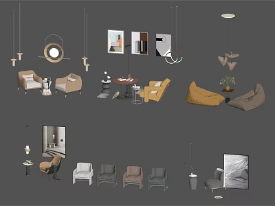 Cozy Leisure Sofa Set With Single Double Seats Coffee Table Lamp And Wall Art 3d model