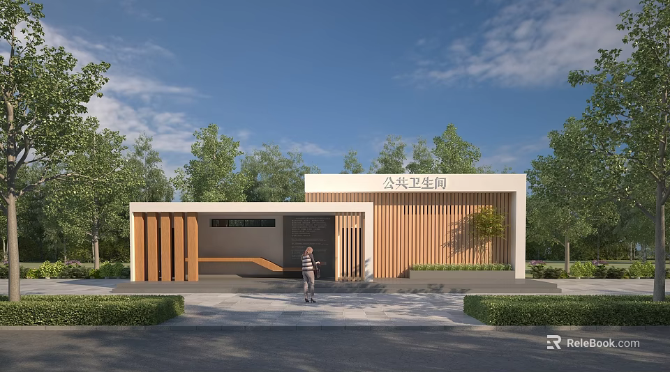 Modern Public Restroom Exterior With Wooden Elements And Green Surroundings 3d model 