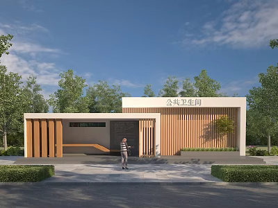 Modern Public Restroom Exterior With Wooden Elements And Green Surroundings 3d model