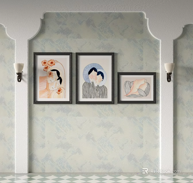 Three Framed Artworks With Wall Sconces On Floral Pattern Wallpaper 3d model 