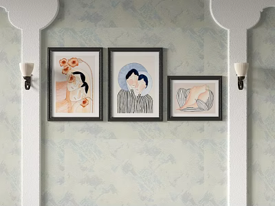 Three Framed Artworks With Wall Sconces On Floral Pattern Wallpaper 3d model