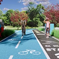 Tree Lined Greenway Road Facilities With Bicycle Lane Walking Path Start Sign And Arrow Indicators