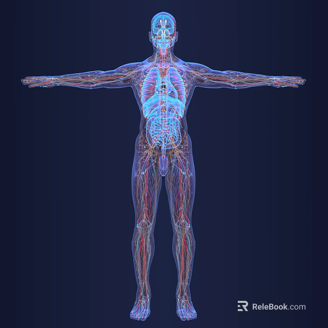 Male Human Anatomy Illustration Displaying Skeletal System Organs And Vascular Structures With Blue Red Colors 3d model 