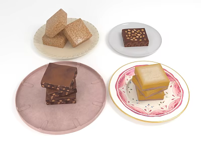 Various Square Shaped Desserts On Different Plates With Nutty And Creamy Layers 3d model