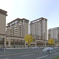 Modern High Rise Residential Buildings With Ground Floor Shops And Street Trees