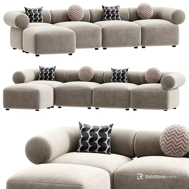 Light Gray Sectional Sofa with Geometric Pattern Throw Pillows for Modern Living Room Decor 3d model 
