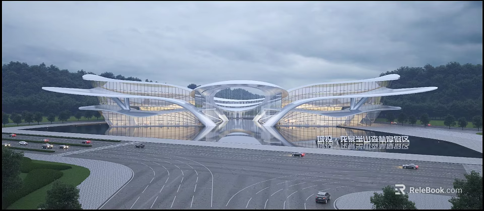 Futuristic Modern Sales Center Building With Glass Facade And Curved Architectural Design 3d model 