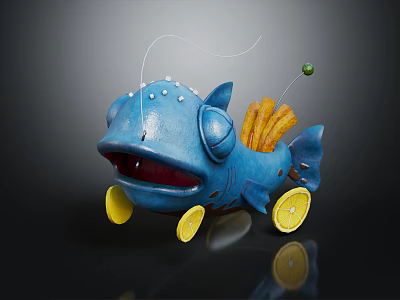 Creative Blue Fish Toy With Open Mouth Fries Lemon Wheels And Fishing Line Green Ball 3d model