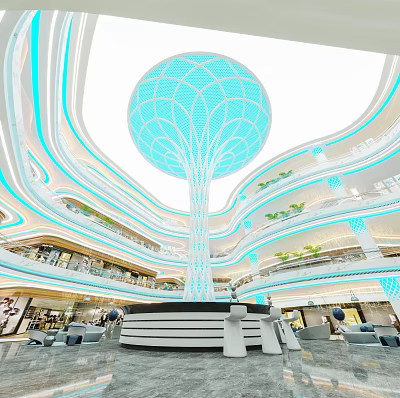 Modern Mall Atrium With Large Illuminated Blue Spherical Decoration And Multi Level Green Plants 3d model
