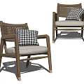 Woven Rattan Accent Chair with Wooden Frame Black and White Checkered Pillow and Beige Cushion