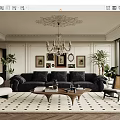Elegant Living Room Interior With Dark Sofa Wooden Coffee Table Herringbone Rug And Chandelier
