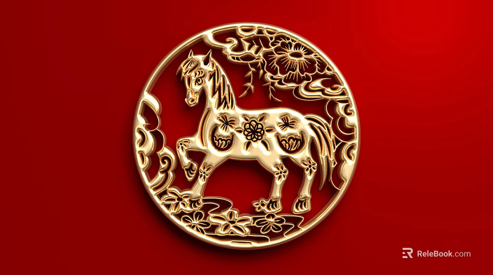 Golden Circular Hollow Out Horse Ornament On Red Background With Floral Patterns 3d model 