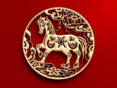 Golden Circular Hollow Out Horse Ornament On Red Background With Floral Patterns 3d model