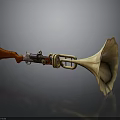 Unique Firearm Horn Hybrid Device With Red Wooden Stock And Brass Bell