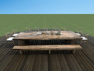 Outdoor Wooden Dining Table Set With Chairs Bench On Wooden Deck And Green Grass Background 3d model