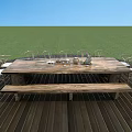 Outdoor Wooden Dining Table Set With Chairs Bench On Wooden Deck And Green Grass Background