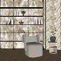 Modern Beige Single Sofa with Gray Wall LED Shelves and White Side Table Wooden Floor