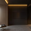 Modern Dark Bedroom Interior With Wooden Accents Ambient Lighting And Platform Bed