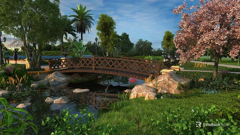 Wooden Bridge Over Pond With Rocks Greenery Palm Trees And Cherry Blossom Under Blue Sky 3d model 