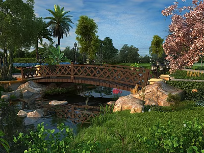 Wooden Bridge Over Pond With Rocks Greenery Palm Trees And Cherry Blossom Under Blue Sky 3d model