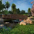 Wooden Bridge Over Pond With Rocks Greenery Palm Trees And Cherry Blossom Under Blue Sky