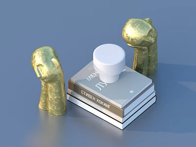 Golden Abstract Sculptures Displayed With Stacked Books And White Decorative Top 3d model