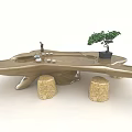 Handcrafted Root Carving Tea Table With Bonsai Tree Small Decorations And Natural Wood Stools 3d model