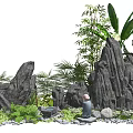 Courtyard Garden Design With Rock Formations Bamboo Banana Leaves Green Plants And Pebbles