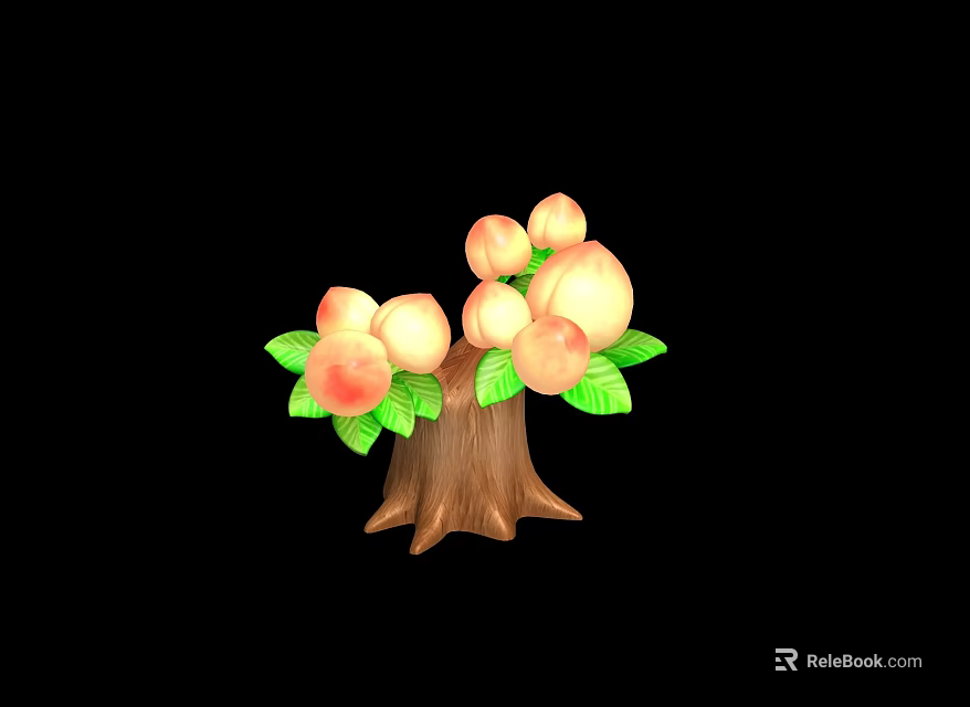 Fresh Ripe Peaches on Tree with Green Leaves and Brown Trunk 3d model 