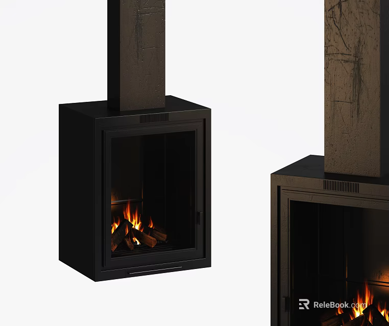 Stylish Modern Black Freestanding Fireplace With Glass Door And Burning Flames 3d model 