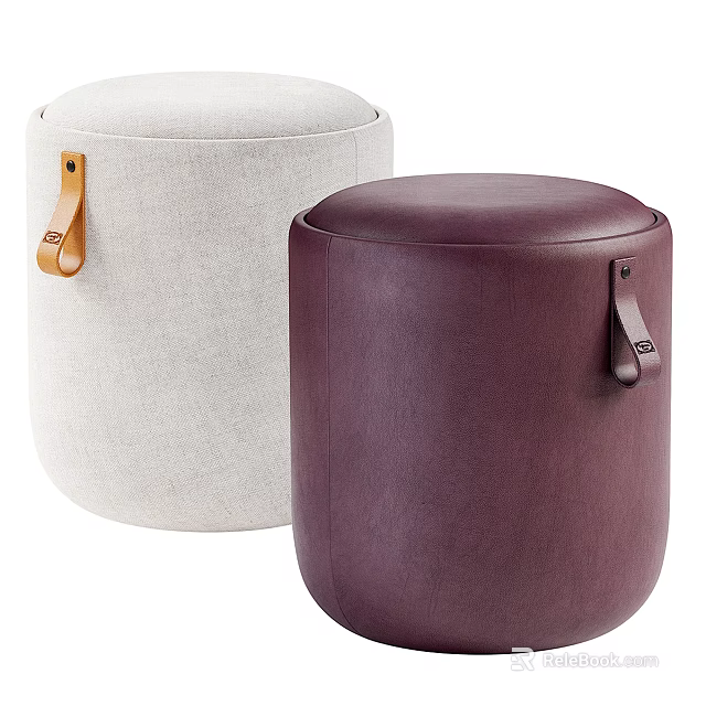 Two Stylish Ottoman Stools With Light Gray Fabric And Dark Purple Leather Handles 3d model 