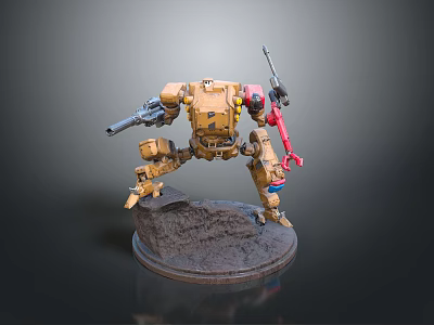 Detailed Mechanical Character With Yellow Red Armor Holding Weapons On Rocky Base 3d model