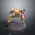 Detailed Mechanical Character With Yellow Red Armor Holding Weapons On Rocky Base