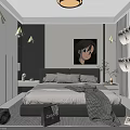 Modern Bedroom Interior Design With Cozy Bed Wall Art Nightstand Wardrobe And Curtains