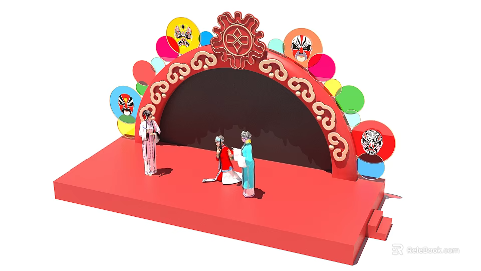 Traditional Chinese Opera Stage with Performers Red Arch and Colorful Facial Decorations 3d model 