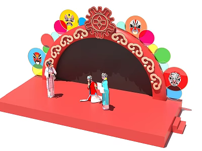Traditional Chinese Opera Stage with Performers Red Arch and Colorful Facial Decorations 3d model
