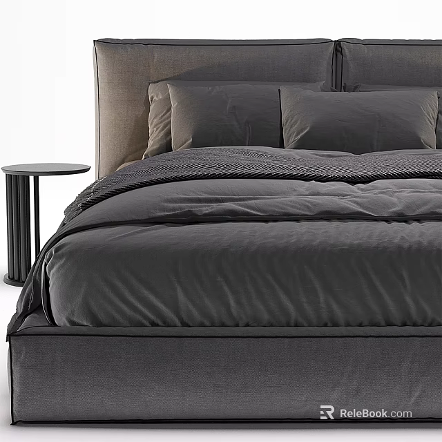 Modern Double Bed Bedroom Interior With Gray Bedding Pillows Headboard And Side Table 3d model