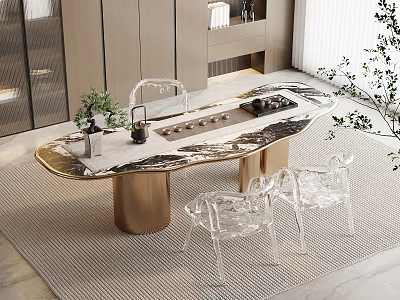Elegant Modern Tea Table And Chairs With Marble Top Transparent Acrylic Seats Golden Legs Interior 3d model