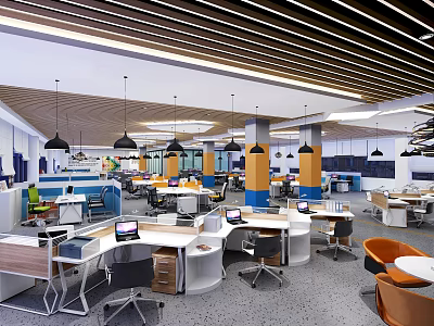 Modern Public Office Area with Open Layout Work Desks Computers and Pendant Lights 3d model