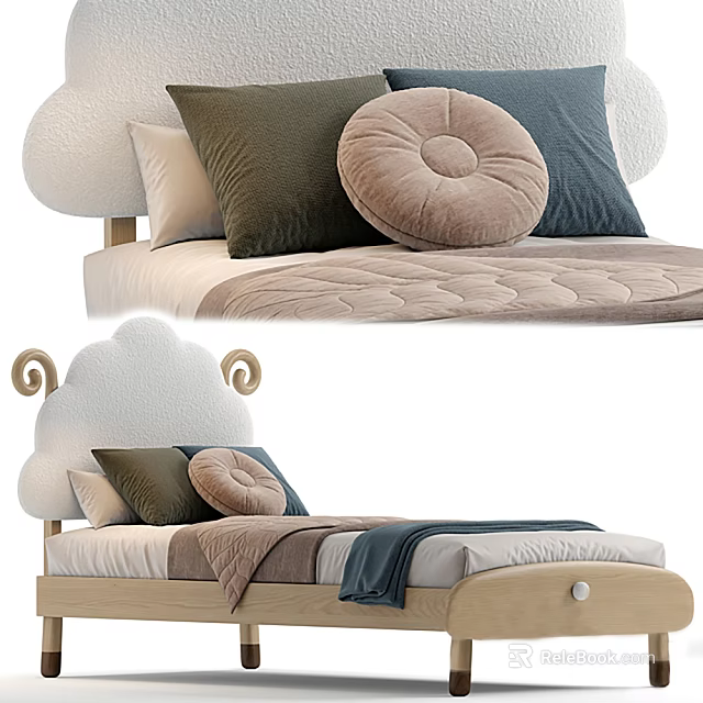 Cute Kids Bed With Cloud Shaped Headboard Soft Pillows And Cozy Bedding 3d model 