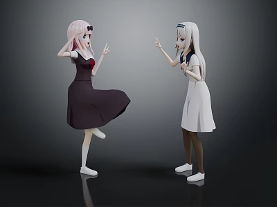 Anime Game Characters Pink Silver White Hair Dark White Dresses Interactive Hand Gestures 3d model