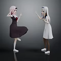 Anime Game Characters Pink Silver White Hair Dark White Dresses Interactive Hand Gestures