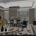 Elegant Dining And Living Room Interior With Chandelier Dining Table Decorative Partition And Sofa