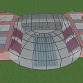 Indoor Swimming Pool With Red Lane Lines Purple Spectator Seats And Large Windows