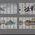 Chinese Ink Landscape Paintings Multiple Panel Wall Art With Mountains Sun Boat Water