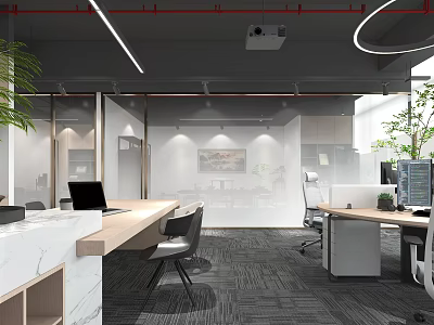 Modern Open Office Interior With Desks Computers Green Plants Glass Partitions And Gray Carpet 3d model