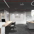 Modern Open Office Interior With Desks Computers Green Plants Glass Partitions And Gray Carpet