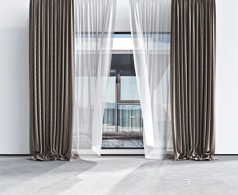 Modern Dark Brown Velvet Curtains With White Sheer Panels For Window Balcony View 3d model 