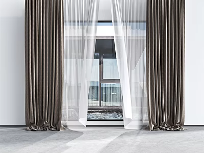 Modern Dark Brown Velvet Curtains With White Sheer Panels For Window Balcony View 3d model